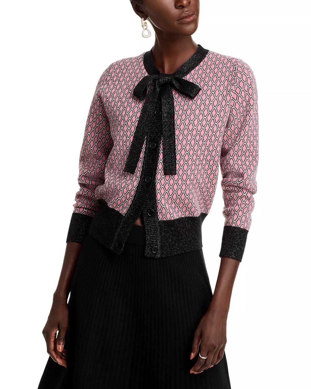 Nancy Yang Women Pink Lurex Geo Knit Tie Neck Button Cardigan Sweater Size M